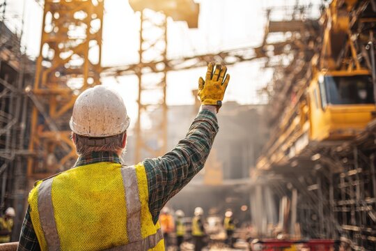 Construction worker signaling to crane operator on a busy construction site