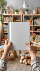 Vertical view of Little Child's hands hold open book with blank pages. Mockup childhood education reading concept image neutral background Nursery room