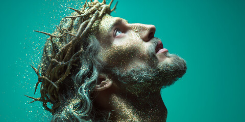 Jesus Christ featuring gold and silver glitter accents in a dynamic pose for a luxurious whimsical Easter concept against a solid mint green background.