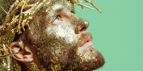 Jesus Christ featuring gold and silver glitter accents in a dynamic pose for a luxurious whimsical Easter concept against a solid mint green background.