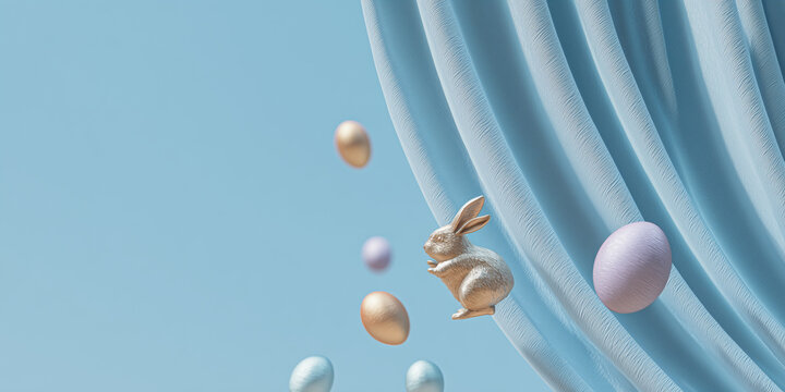 surreal Easter theater scene featuring pastel eggs, performing tiny metallic bunnies, and floating curtains against a solid soft sky blue background. - Powered by Adobe