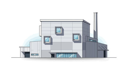 Architectural illustration of a modern industrial building, showcasing a contemporary factory or power plant with a tall chimney, multiple windows, and clean lines, symbolizing urban development