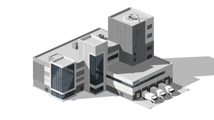Isometric illustration of a modern industrial and logistics complex, showcasing an office building, warehouse, delivery trucks at docks, and a helipad, representing global commerce