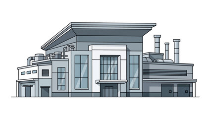 Modern industrial building vector art, showcasing a contemporary factory or large business complex with sleek architectural lines, symbolizing manufacturing and tech