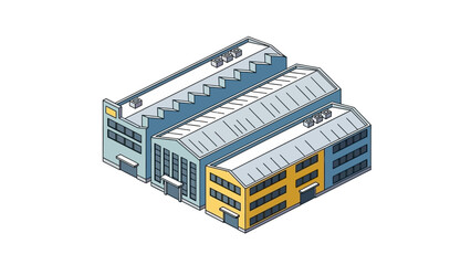 Isometric illustration of a modern industrial complex featuring multiple factory buildings with different sections, representing manufacturing, production, and economic growth in urban areas