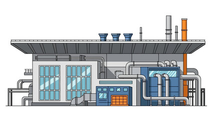 Modern industrial factory building illustration showcasing advanced manufacturing infrastructure, energy production facilities, and sustainable technology architecture in a clean, graphic style