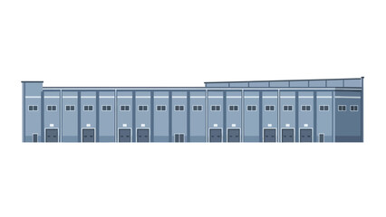 Modern flat vector illustration of a generic industrial building with multiple loading docks and entrance doors, ideal for factory, warehouse, or logistics operations