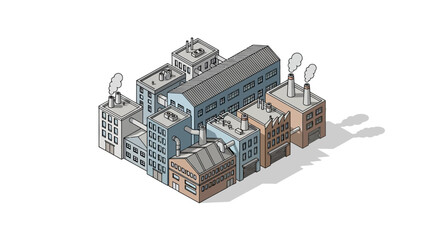Isometric illustration of an industrial complex, a cluster of factories, warehouses, and buildings with smokestacks, representing manufacturing, production, urban development