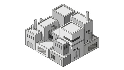 Dynamic isometric illustration of an intricate industrial complex, featuring abstract factory buildings, symbolizing manufacturing, urban development, and architectural concepts