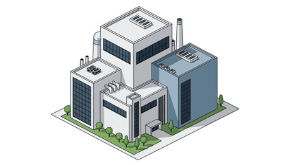 Isometric vector illustration of a modern industrial factory complex, showcasing manufacturing infrastructure and corporate business operations with clean architectural design