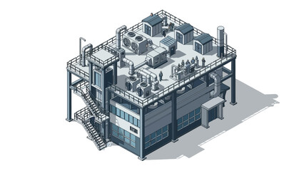 Isometric vector illustration of a modern industrial building, representing advanced manufacturing, technological progress, and efficient production in a contemporary urban setting