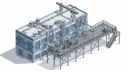 Conceptual 3D illustration of a modern industrial facility, showcasing complex piping systems and operational platforms for manufacturing and energy processing applications