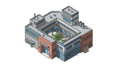 Isometric modern industrial complex or business headquarters. Contemporary architectural design with offices and central green courtyard, symbolizing innovation and efficiency