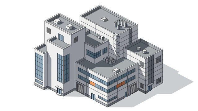 Isometric vector illustration of a contemporary industrial building complex, representing modern factory architecture, manufacturing facilities, or a business park structure