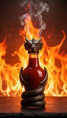 Intense Dragon Themed Hot Sauce Bottle With Red Eyes Against Blazing Fire Background