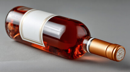 Bottle with red pink wine with blank label, Free space for text lies on table against gray background. Luxury alcohol drink mockup
