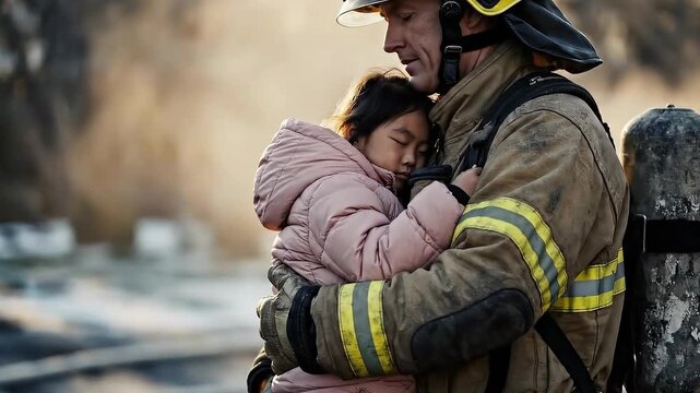 Brave Firefighter Holding a Rescued Sleeping Little Girl in His Arms After a Dangerous Fire Emergency and Rescue Mission