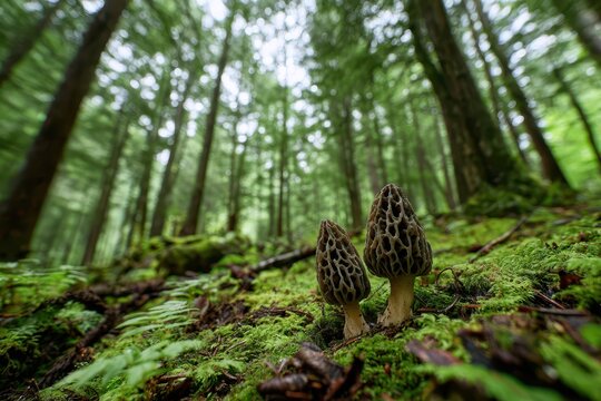 Forest floor scene with oversized morel mushrooms and lush moss in a Michigan woodland