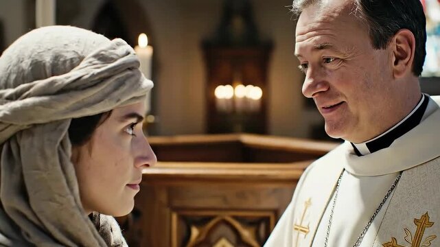 A Deep Spiritual Encounter as a Young Woman in Traditional Headscarf Seeks Guidance and Comfort from a Catholic Priest in a Serene Church Interior