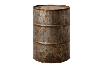A weathered rusty metal barrel isolated for design use on transparent background