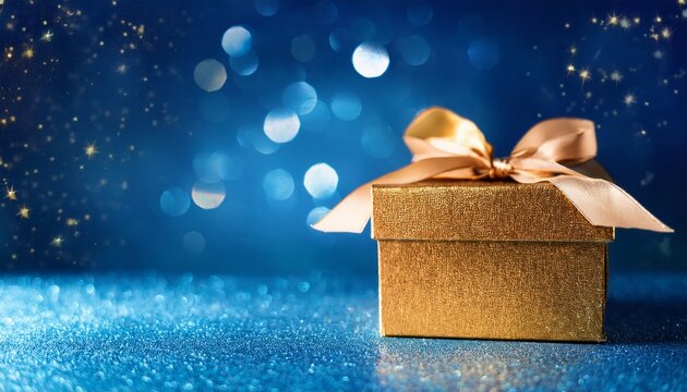Coffret Cadeau Dore Avec Ruban Et Noeud Pose Sur Surface Scintillante Fond Bleu Bokeh Lumineux Avec Espace Negatif Copyspace Pour Noel Fetes De Fin Drannee Anniversaire Et Cadeau Drentreprise
