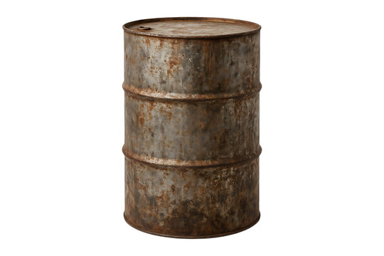 A weathered rusty metal barrel isolated for design use on transparent background
