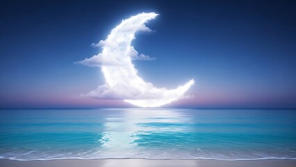 Enchanting crescent cloud moon glowing over a tranquil ocean at twilight