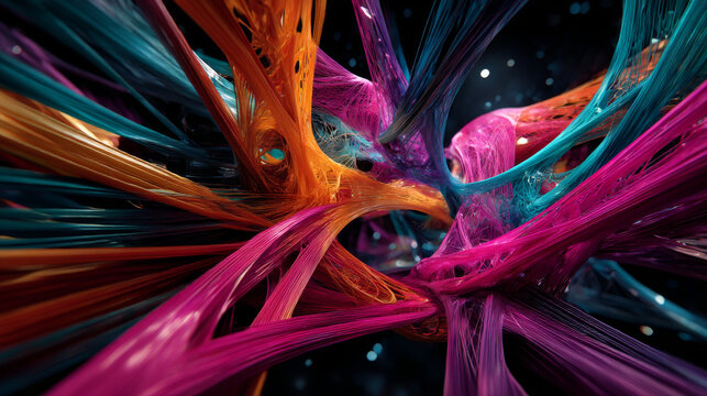 3D rendering of a colorful abstract background of strings, lines, ribbons, fibers or wires. Interweaving of bright strings in space. Lines form structural fibers