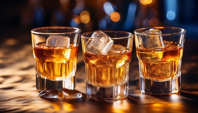 Golden Elixir Three Glasses Of Amber Liquid Shimmering With Ice Cubes Stand Invitingly Evoking A Sense Of Relaxation And Indulgence