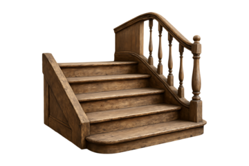 Detailed wooden staircase with railing and steps isolated on transparent background