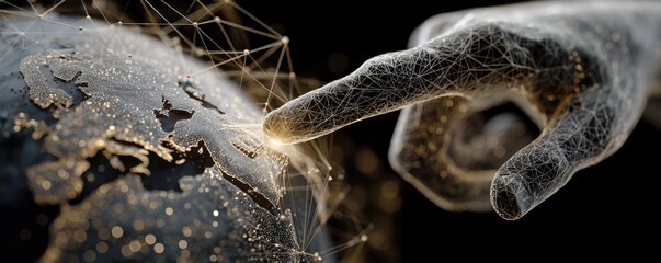Digital hand touches the Earth with a glowing fingertip, symbolizing global connectivity and innovation