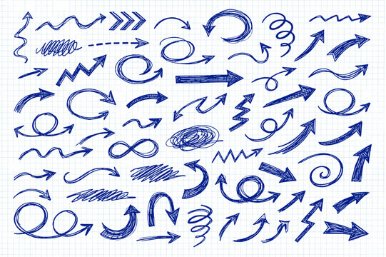 Hand drawn doodle arrow collection on grid paper background