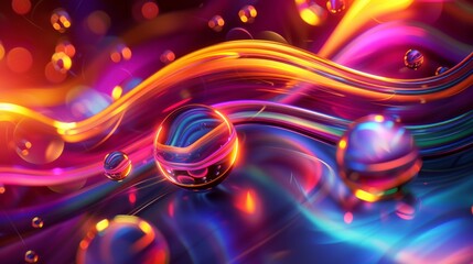 Abstract background with vibrant glowing waves of light and glossy spheres. Futuristic concept of energy and motion in fluid colors. Digital art wallpaper with dynamic neon streams