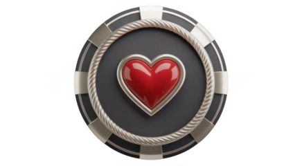 Red heart on a gray and silver poker chip gray background isolated on a transparent background