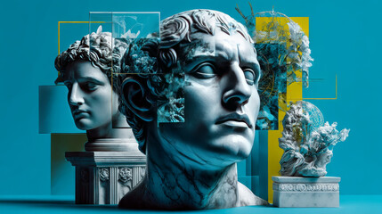 Collage with plaster head model, statue and male portrait isolated on blue background. Negative space to insert your text. Modern design. Contemporary colorful and conceptual bright art collage.