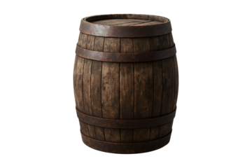 Realistic wooden barrel isolated rendering with detailed textures on transparent background