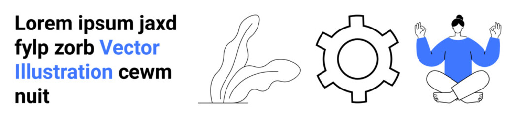 Stylized abstract plant, gear symbol, and meditating person in yoga pose representing nature, mindfulness, and productivity. Ideal for wellness, productivity, business, creativity nature © robu_s