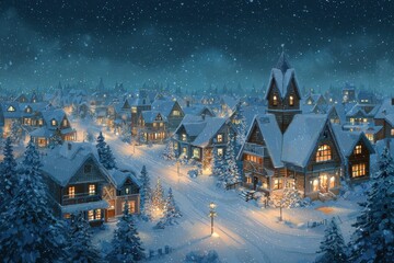 Fototapeta premium Cozy Christmas Village Beneath a Blue Aurora Night Sky