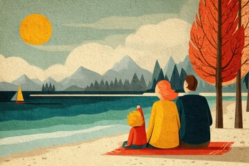A family of three sits on the beach enjoying a peaceful seaside moment together