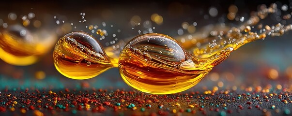 Golden oil droplets float in midair, sparkling with warm light above a colorful, textured surface