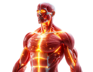 Detailed 3D human anatomy model with glowing muscle fibers, white background, medical visualization