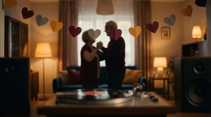 An elderly couple dances together in a cozy living room. The scene features a record player, warm lighting, and heart decorations in the background.