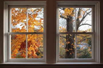 Cozy indoor view through symmetrical white wooden window frames onto a fall garden scene