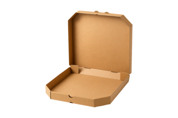 Open brown cardboard pizza box angled view empty inside on transparent background