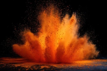Energetic orange pigment spray: bold color burst and particle cloud on a dark surface