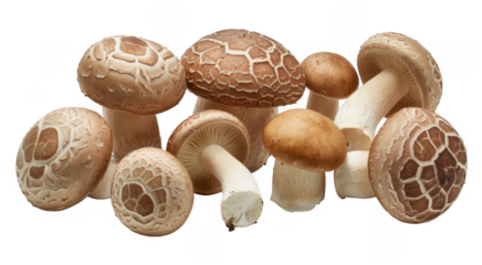 Group of brown mushrooms on black fungi nature isolated on a transparent background
