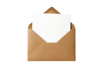 Opened brown paper envelope with a blank white card on transparent background