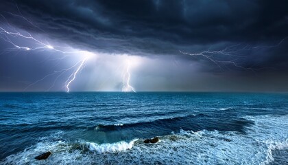 powerful thunderstorm over turbulent ocean waves with dark storm clouds heavy rain and bright lightning strikes illuminating the night sky