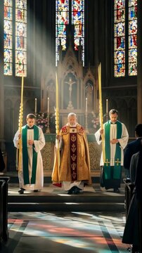 Man as priest and two men as deacons in chasuble holding tall candles standing in church for Palm Sunday service. Vertical video