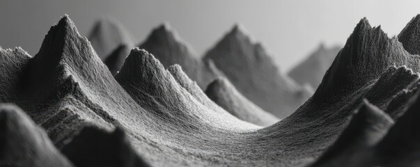 Close-up of a rugged black and white mountain landscape with sharp peaks and rolling ridges